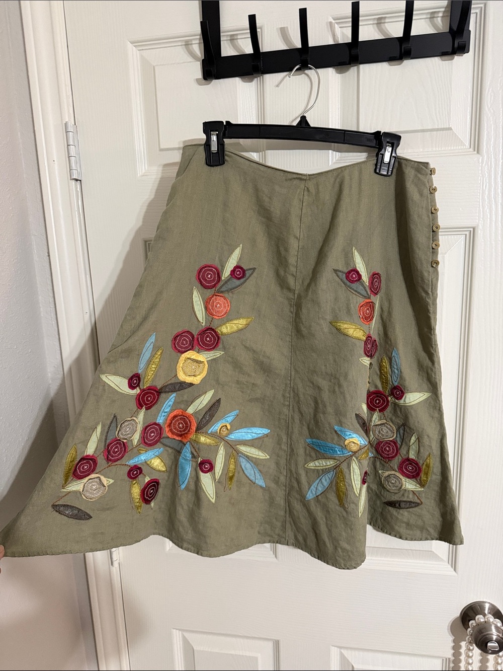 J. Jill Olive A-Line Skirt with Multicolor Floral Embroidery